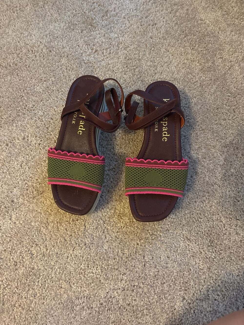 Kate Spade Highrise Spade Wedge Sandals in Pink and Green Mesh